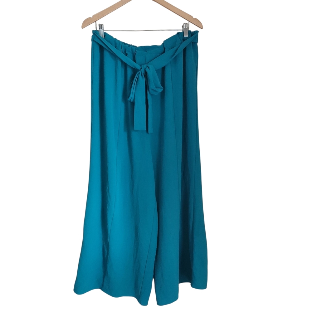 PLUS SIZE Teal Wide-Leg Pants With Waist Tie